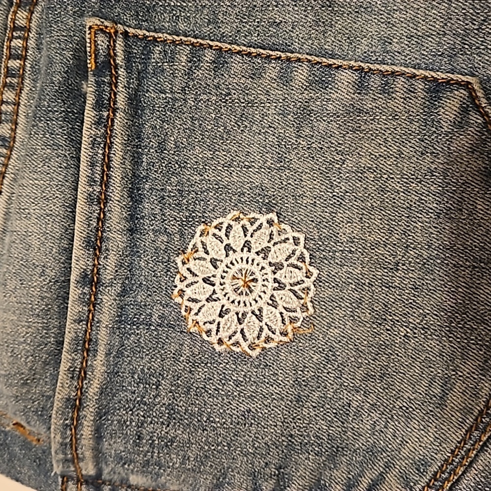 Hand Crafted Upcycled Denim Crochet Shorts Granny Square Handmade High rise 29 - Picture 12 of 17